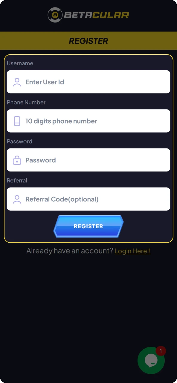 Create a new account through the Betacular app on your android device.