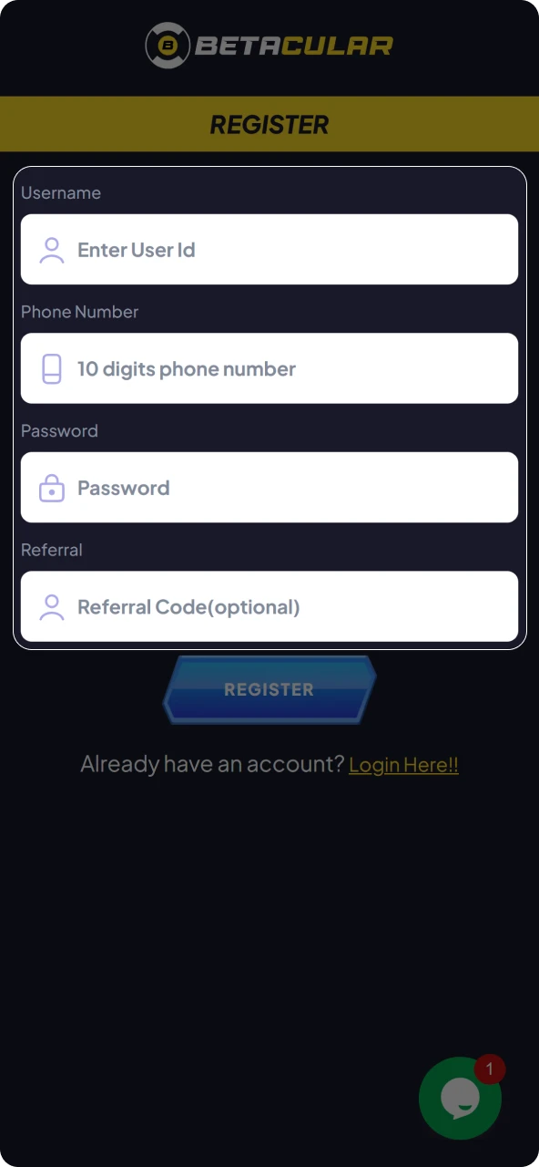 Enter your personal details in the registration form on the Betacular platform.